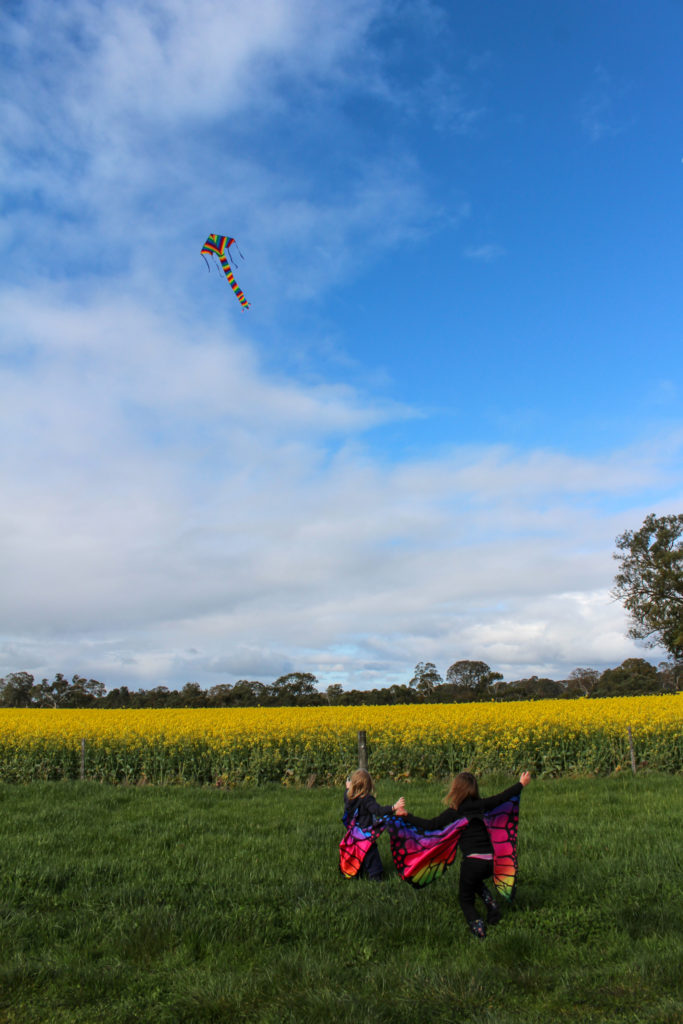Dressed as butterflys, flying a kite. Live the little things, photograph by Kate Eats